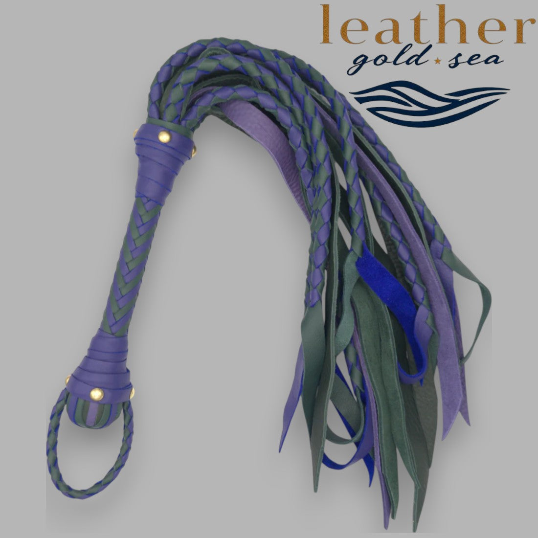 Handmade Flogger Whip  Genuine Leather, Purple & Green  Leather Gold Sea