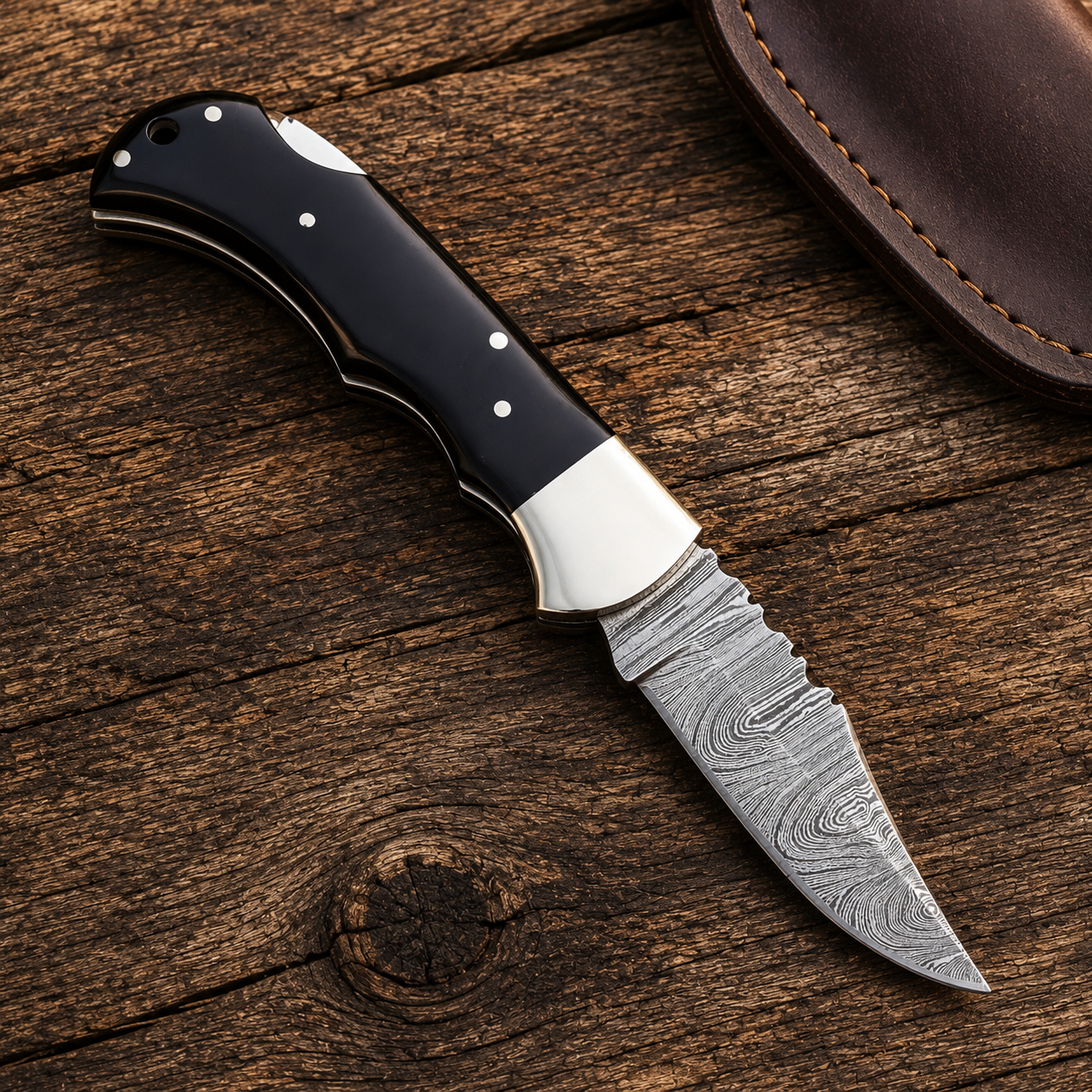 Damascus Folding Knife | Handmade Buffalo Horn Knife