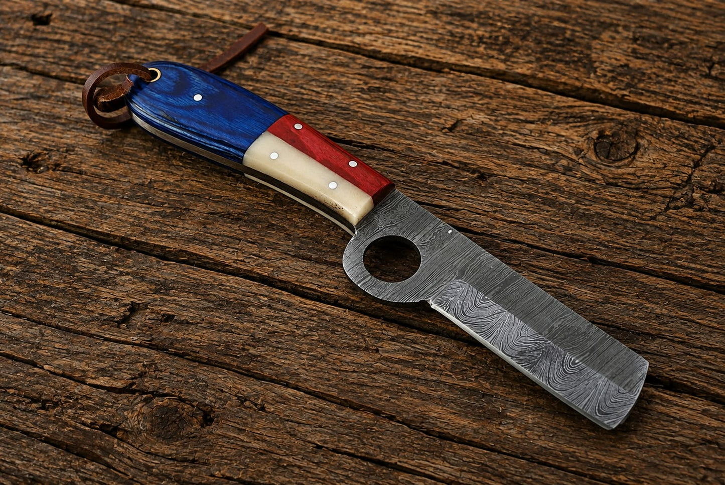 Handmade Damascus Steel Bull Cutter with Leather Sheath